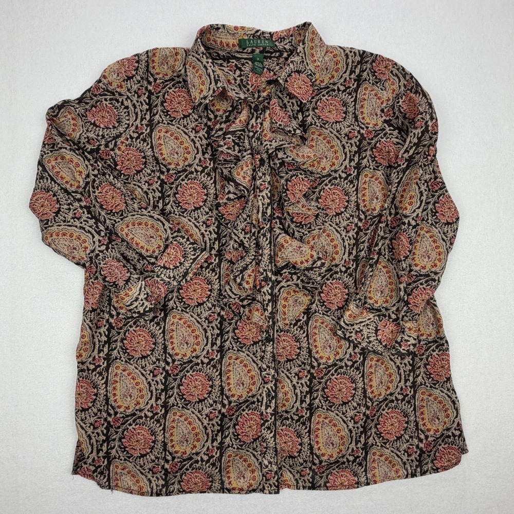 Lauren Ralph Lauren Paisley Floral Ruffle Front Cotton Blouse Brown Red 1X